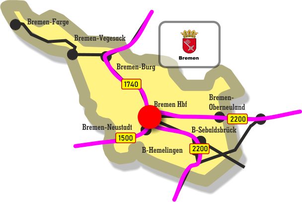 Bremen Hbf Bremen-Burg Bremen-Neustadt B-Sebaldsbrück B-Hemelingen Bremen- Oberneuland Bremen-Farge Bremen-Vegesack 1500 1740 2200 2200 Bremen