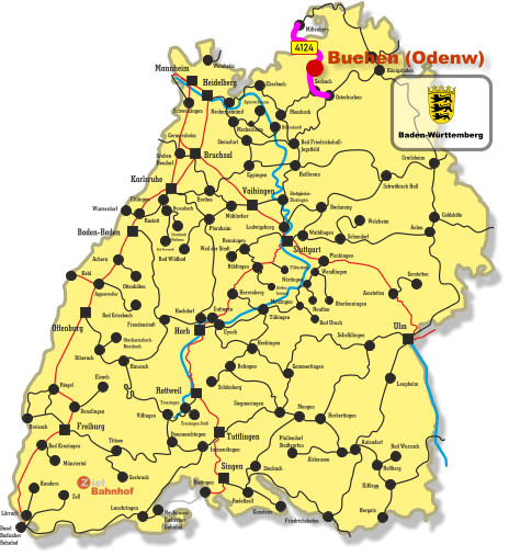 Freiburg Singen Vaihingen Tuttlingen Horb Ulm Bruchsal Heidelberg Rottweil Stuttgart Karlsruhe Offenburg Baden-Baden Mannheim Kehl Appenweiler Miltenberg Lauda Königshofen Osterburken Seckach Eberbach Moosbach Bad Friedrichshall- Jagstfeld Crailsheim Heilbronn Eppingen Meckesheim Hüffenhardt Aglasterhausen Neckargemünd Weinheim Germersheim Graben Neudorf Bretten Schwetzingen Schwäbisch Hall Backnang Waiblingen Rastatt Busenbach Bad Herrenalb Ittersbach Rathaus Mühlacker Pforzheim Bad Wildbad Ettlingen Steinsfurt Immendingen Wintersdorf Bietigheim- Bissingen Ludwigsburg Weil der Stadt Renningen Böblingen Filderstadt Detten- hausen Achern Bad Griesbach Ottenhöfen Freudenstadt Eutingen Herrenberg Hochdorf Tübingen Eyach Hechingen Balingen Schömberg Siegmaringen Villingen Trossingen Trossingen Stadt Hausach Biberach Oberharmsbach- Riersbach Denzlingen Elzach Breisach Bad Krozingen Münstertal Riegel Donaueschingen Titisee Seebruck Lörrach Kandern Basel Badischer Bahnhof Zell Neuhausen Badischer Bahnhof Bietingen Lauchringen Konstanz Radolfzell Stockach Welzheim Schondorf Amstetten Gerstetten Aalen Plochingen Wendlingen Oberlenningen Bad Urach Neuffen Metzingen Nürtingen Gammertingen Herbertingen Mengen Schelklingen Pfullendorf Stadtgarten Alshausen Aulendorf Bad Wurzach Roßberg Kißlegg Hergatz Friedrichshafen Laupheim Goldshöfe 4124 Buchen (Odenw) Baden-Württemberg